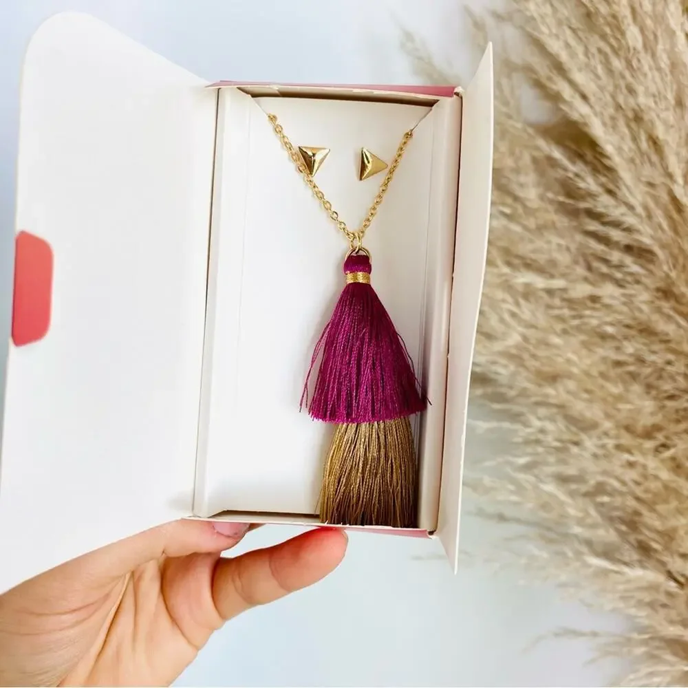 NEW ANTHROPOLOGIE LILY SKY Pink Gold Tassel Necklace Geo Stud Post Earrings Set